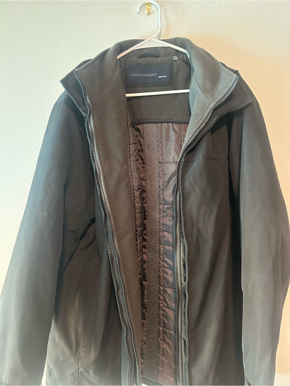 Weatherproof Men’s Black Raincoat with Fleece Lined Collar
